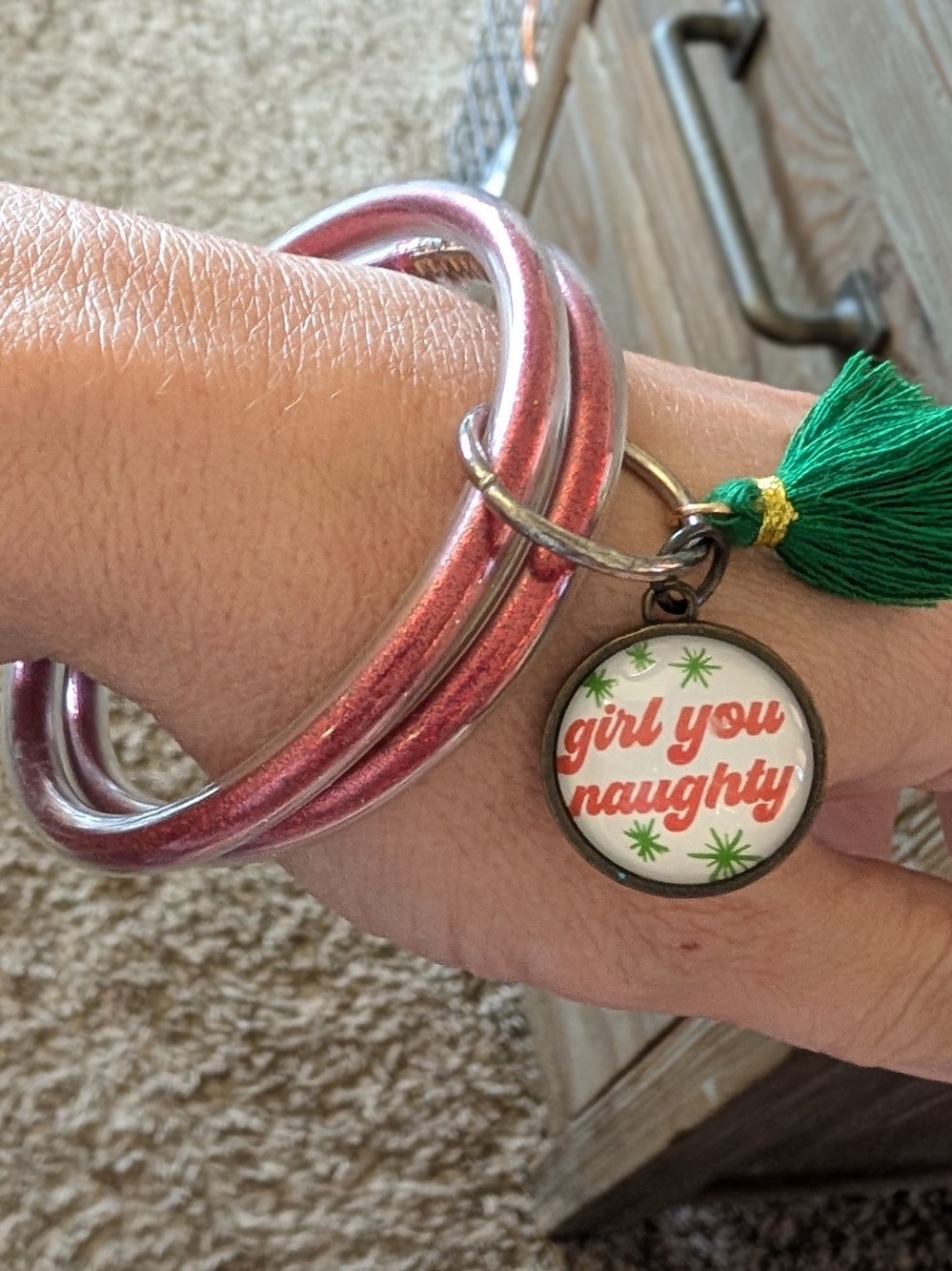 Red Metallic Naughty/Nice Bangle Charm Bracelet